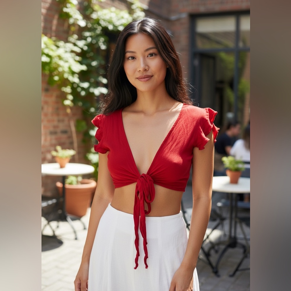 Chic Red Tie-Front Ruffle Sleeve Blouse